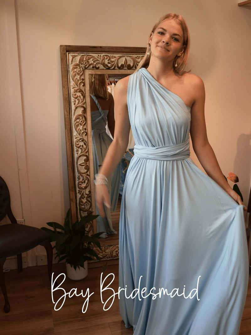 Luxe Grey Blue Convertible Infinity bridesmaid dress - Bay Bridal and Ball Gowns