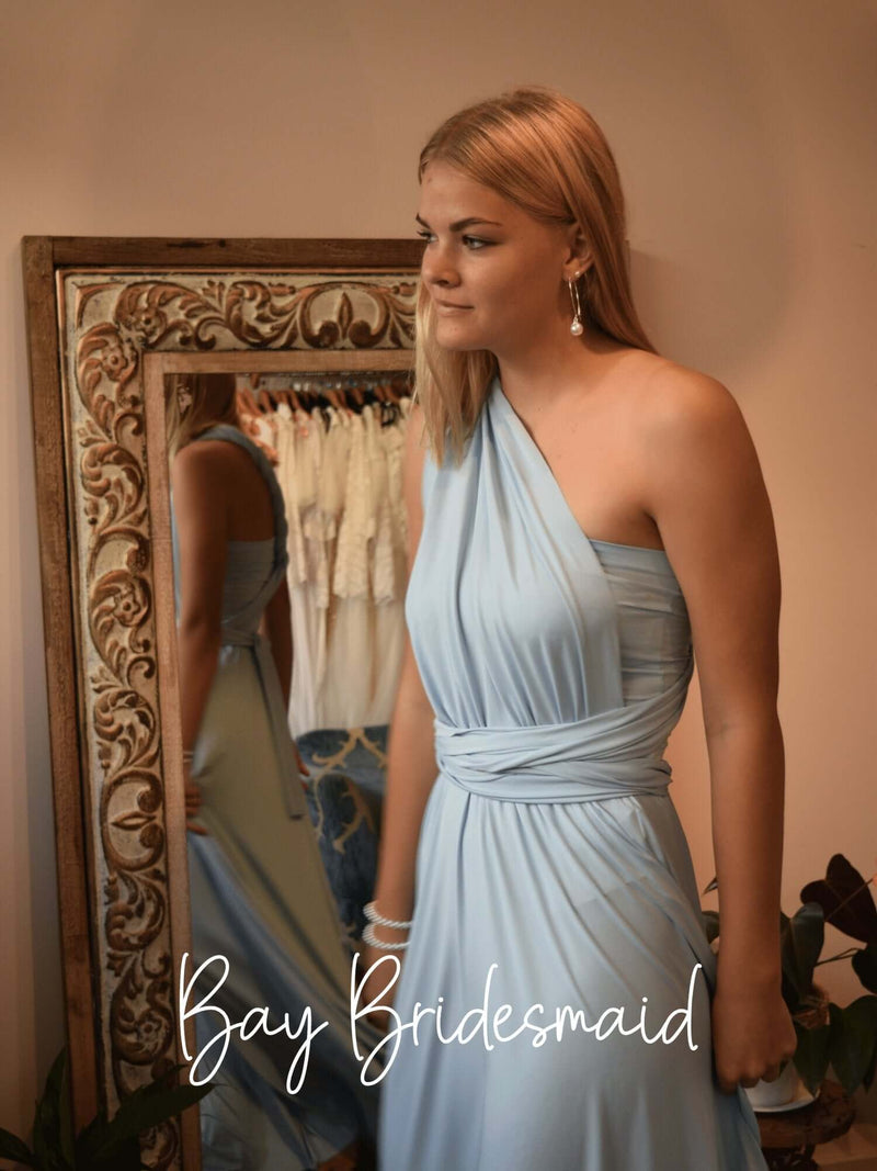 Luxe Grey Blue Convertible Infinity bridesmaid dress - Bay Bridal and Ball Gowns