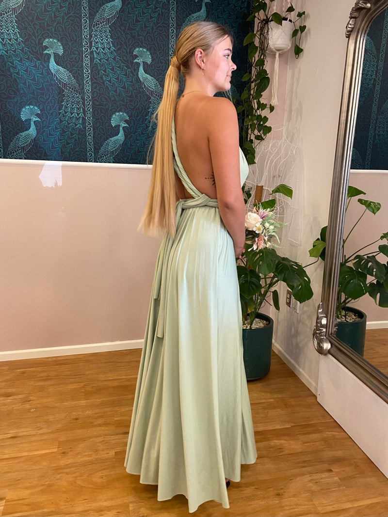 Luxe Light Olive Green convertible Infinity dress with split Express NZ wide - Bay Bridal and Ball Gowns
