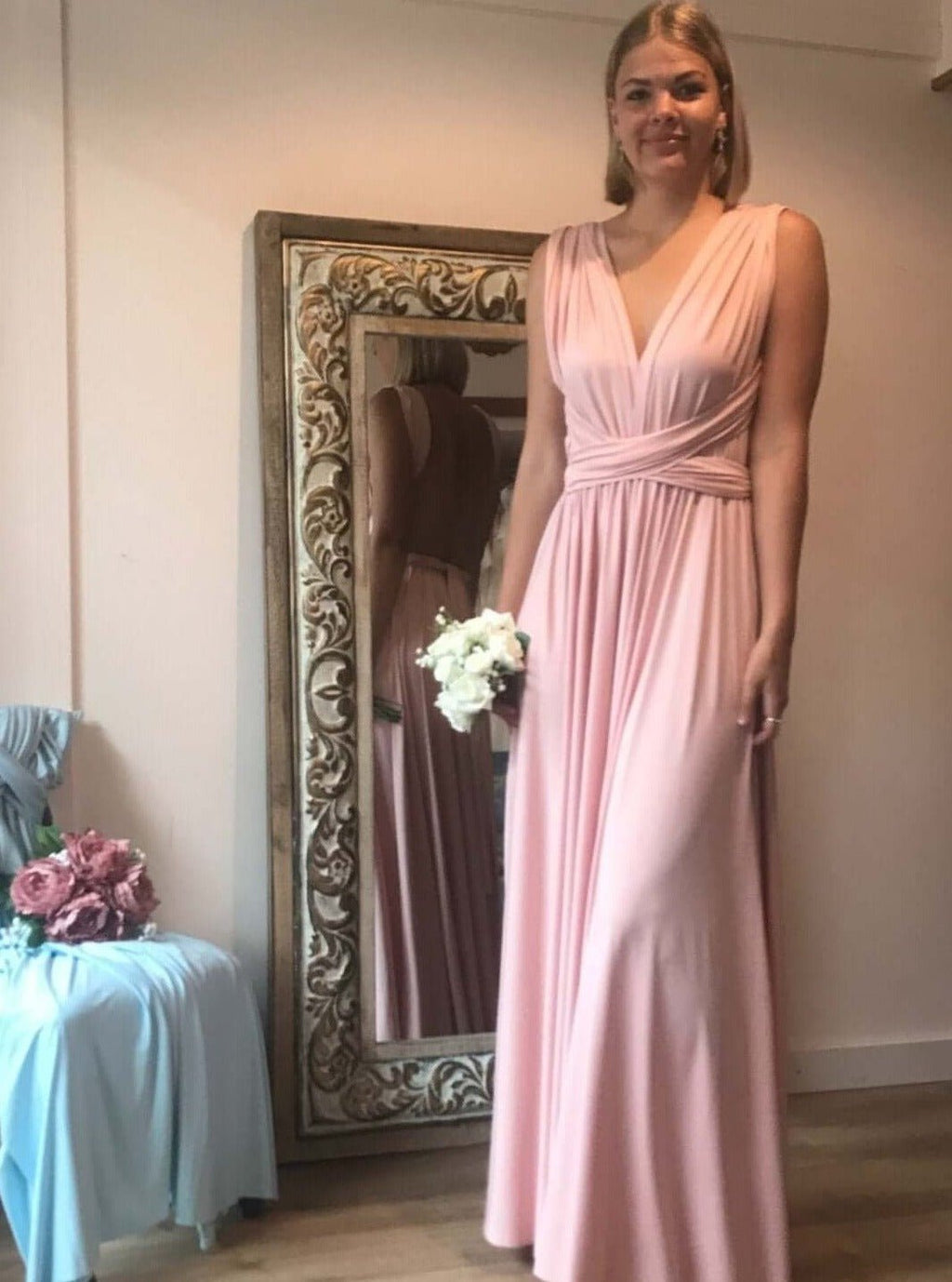 Luxe Nude Pink Convertible Infinity bridesmaid dress - Bay Bridal and Ball Gowns