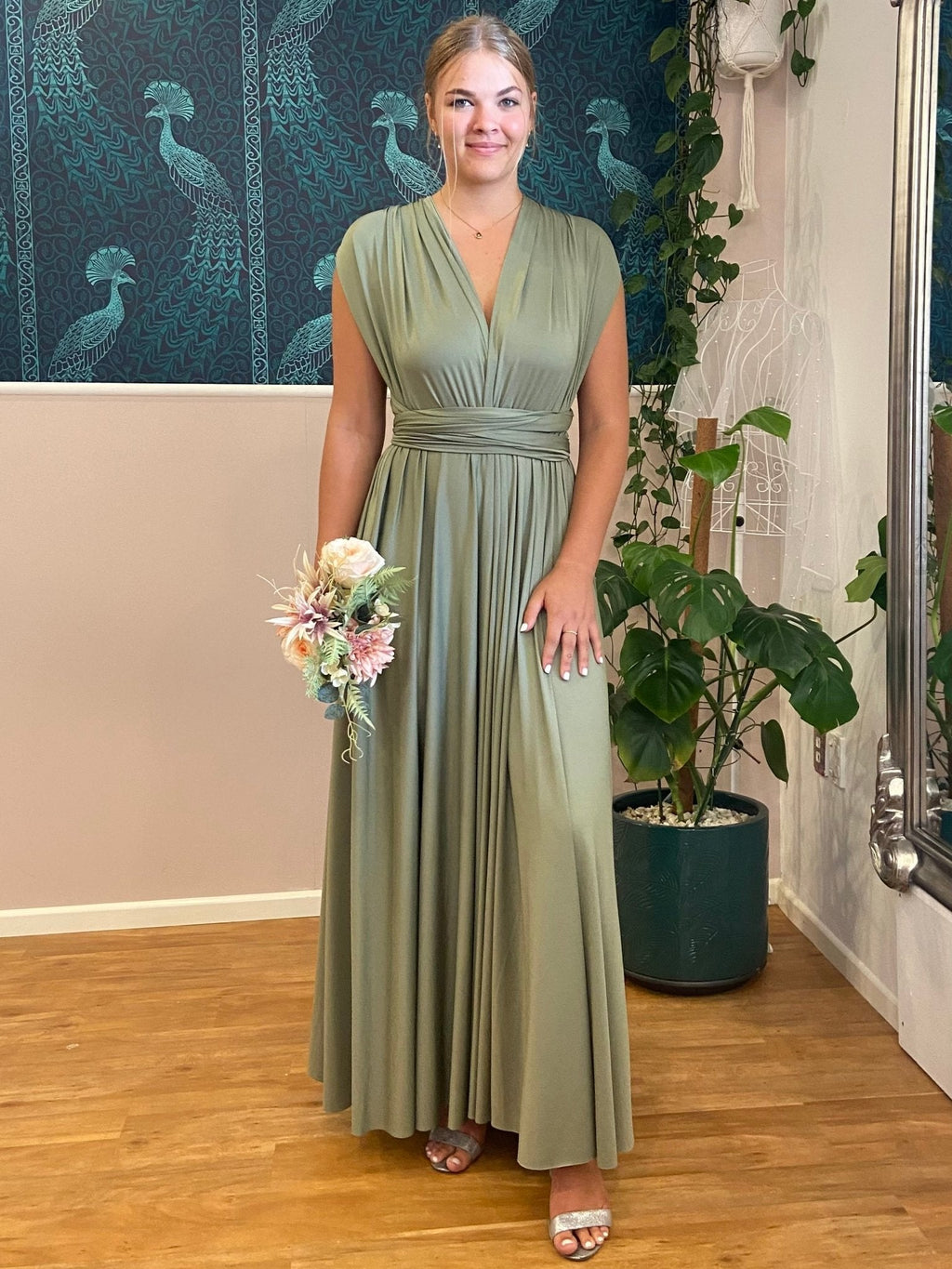 Luxe Olive Green Convertible Infinity bridesmaid dress - Bay Bridal and Ball Gowns
