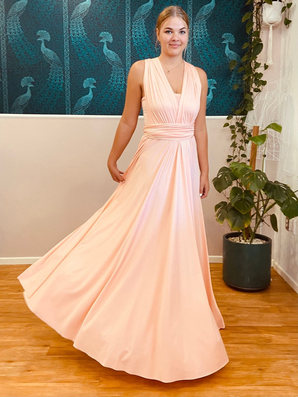 Luxe Peach Pink convertible Infinity bridesmaid dress - Bay Bridal and Ball Gowns