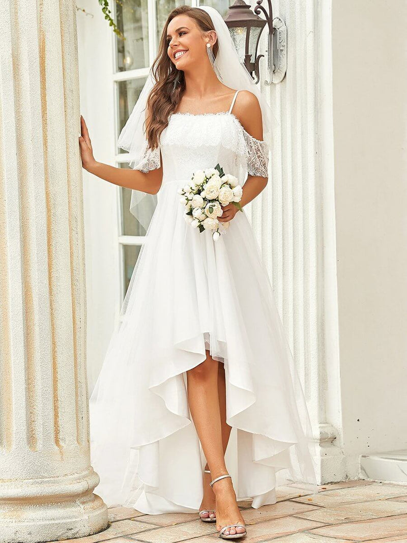 Madeline High Low satin and tulle wedding gown in ivory - Bay Bridal and Ball Gowns