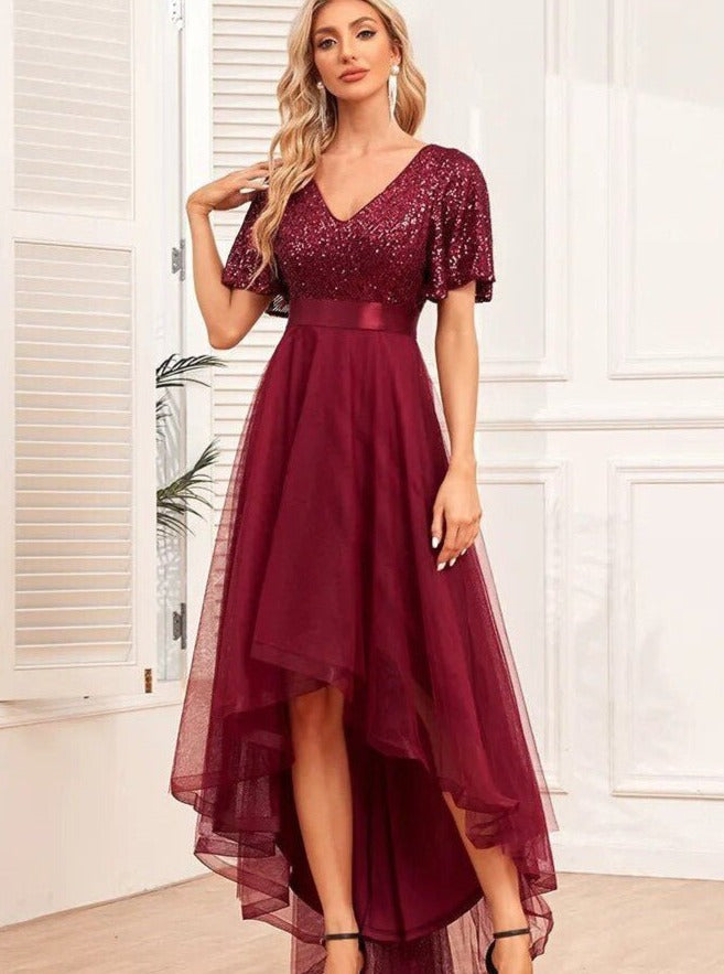 Maggie high low sequin sleeved dress in burgundy s14 Express NZ wide - Bay Bridal and Ball Gowns