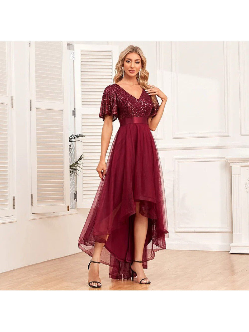 Maggie high low sequin sleeved dress in burgundy s14 Express NZ wide - Bay Bridal and Ball Gowns