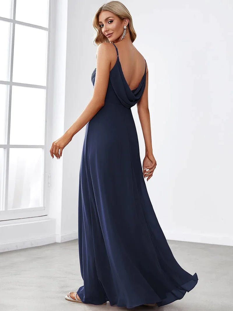 Malika elegant cross front cowl back dress in navy Express NZ wide - Bay Bridal and Ball Gowns