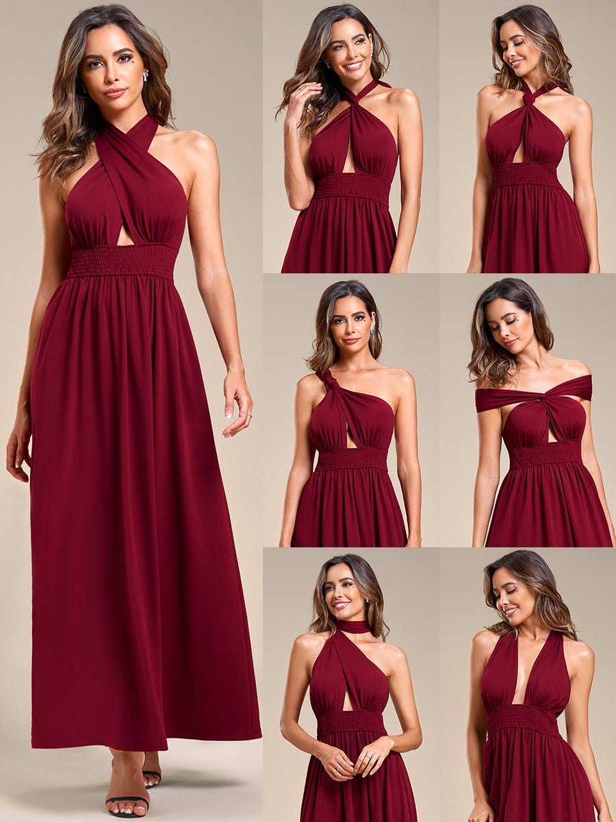 Maree backless halter mix up dress in burgundy Express NZ wide - Bay Bridal and Ball Gowns