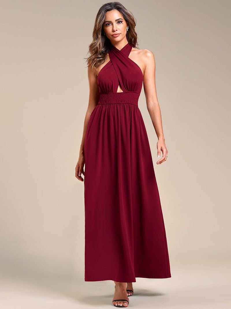 Maree backless halter mix up dress in burgundy Express NZ wide - Bay Bridal and Ball Gowns