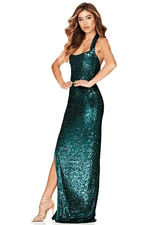 Marley halter sequin ball dress with split in Emerald Express NZ wide - Bay Bridal and Ball Gowns