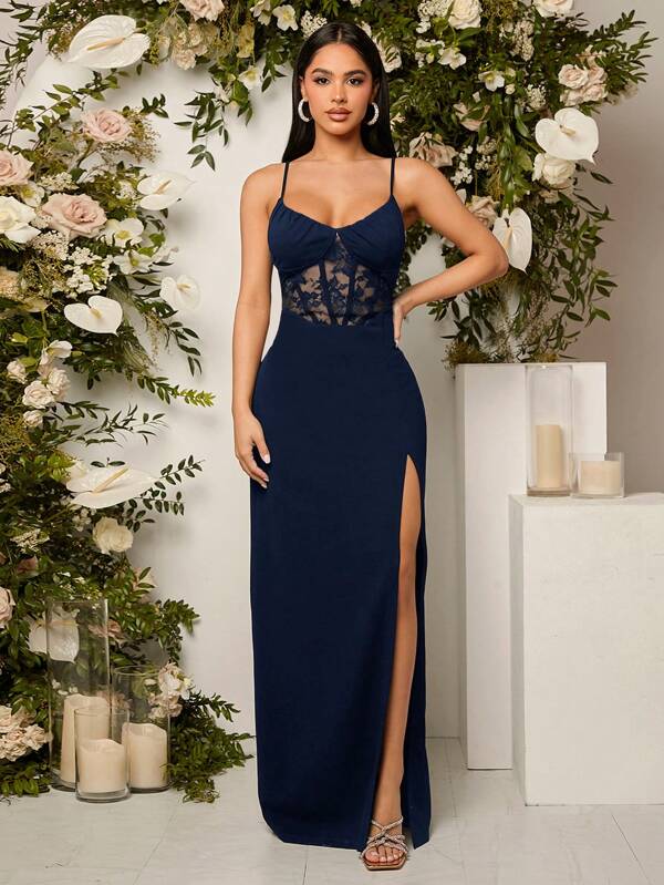Maryanna illusion corset style gown in navy Express NZ wide - Bay Bridal and Ball Gowns