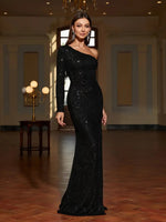 Megan sparkling one sleeved evening dress in black Express NZ wide - Bay Bridal and Ball Gowns