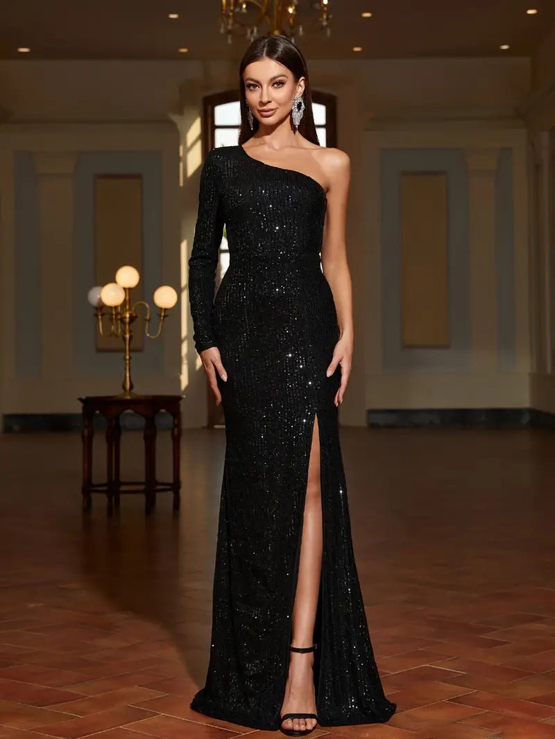 Megan sparkling one sleeved evening dress in black Express NZ wide - Bay Bridal and Ball Gowns