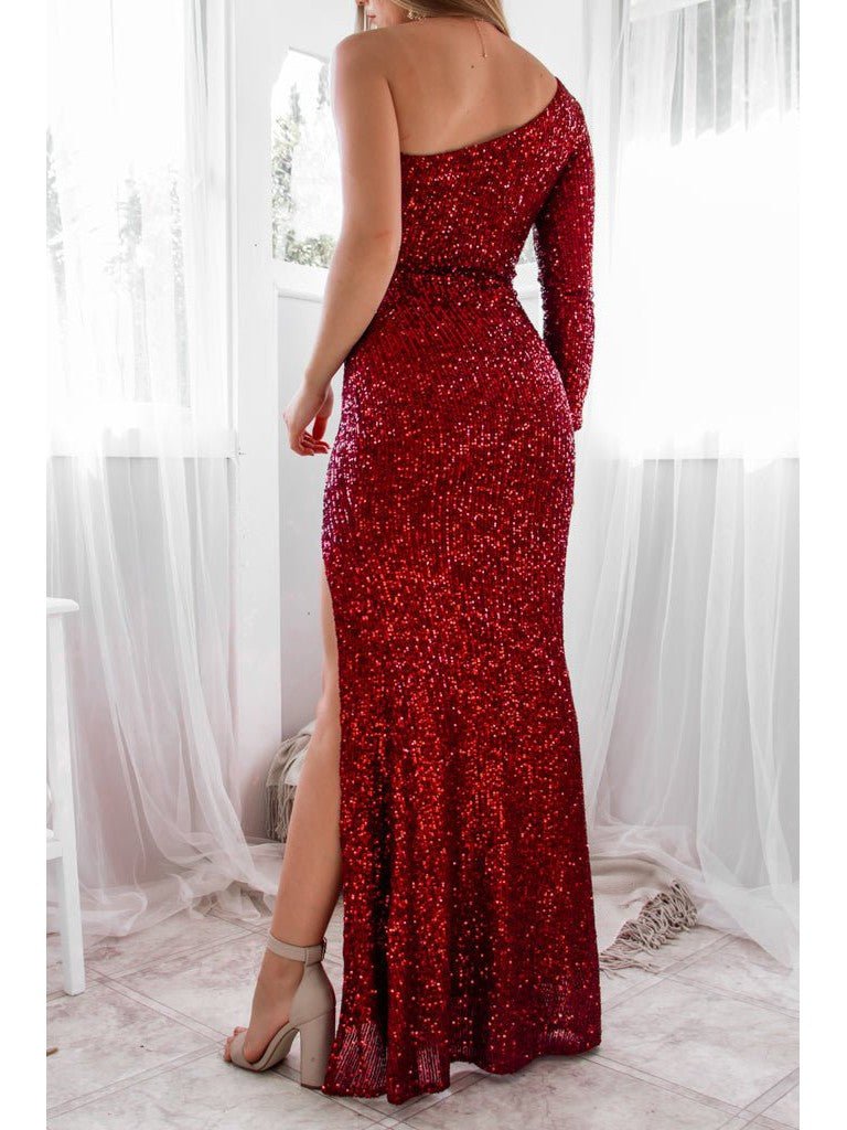 Megan sparkling one sleeved evening dress in Burgundy size 6-8 Express NZ wide - Bay Bridal and Ball Gowns