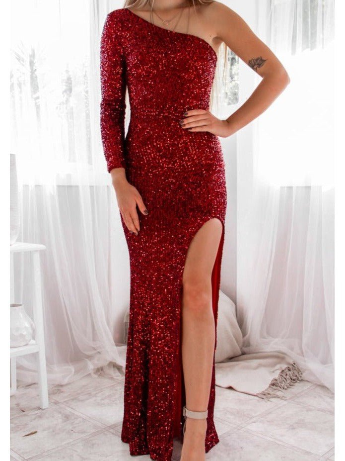Megan sparkling one sleeved evening dress in Burgundy size 6-8 Express NZ wide - Bay Bridal and Ball Gowns