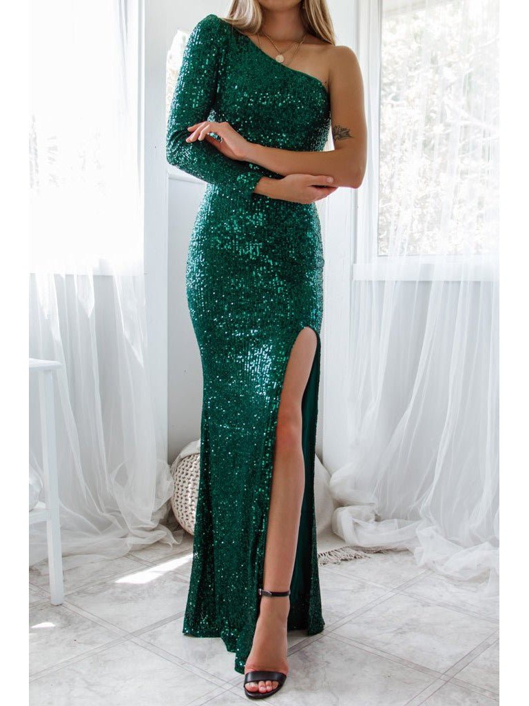 Megan sparkling one sleeved evening dress in Emerald Express NZ wide - Bay Bridal and Ball Gowns