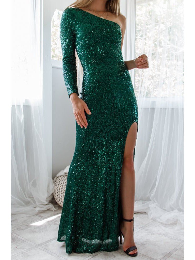Megan sparkling one sleeved evening dress in Emerald Express NZ wide - Bay Bridal and Ball Gowns