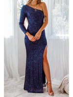 Megan sparkling one sleeved evening dress in navy Express NZ wide - Bay Bridal and Ball Gowns