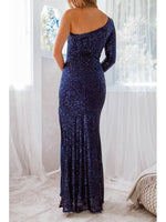 Megan sparkling one sleeved evening dress in navy Express NZ wide - Bay Bridal and Ball Gowns