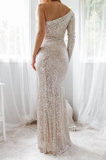 Megan sparkling one sleeved evening dress in silver Express NZ wide! - Bay Bridal and Ball Gowns