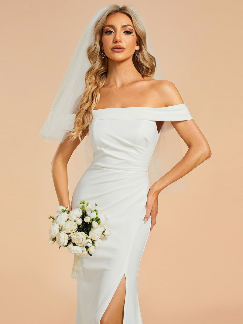 Nadiya off shoulder wedding dress with split and train in Ivory - Bay Bridal and Ball Gowns