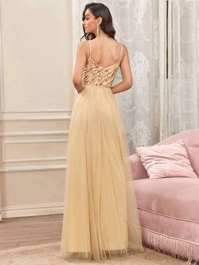 Nina popular thin strap sequin leaf pattern bridesmaid dress - Bay Bridal and Ball Gowns