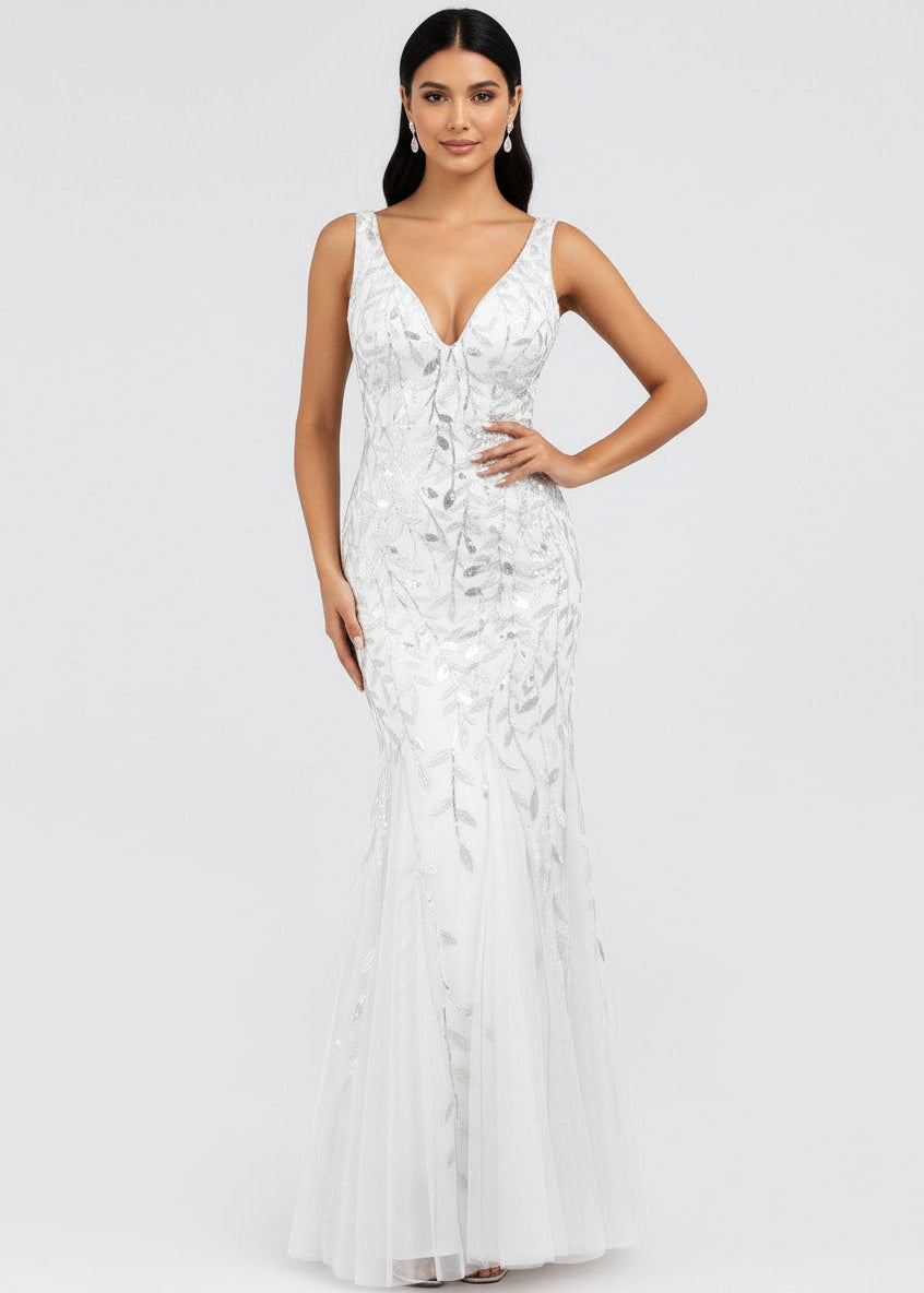 Paula tulle wedding dress with sequin leaf pattern in s10 white Express NZ wide - Bay Bridal and Ball Gowns