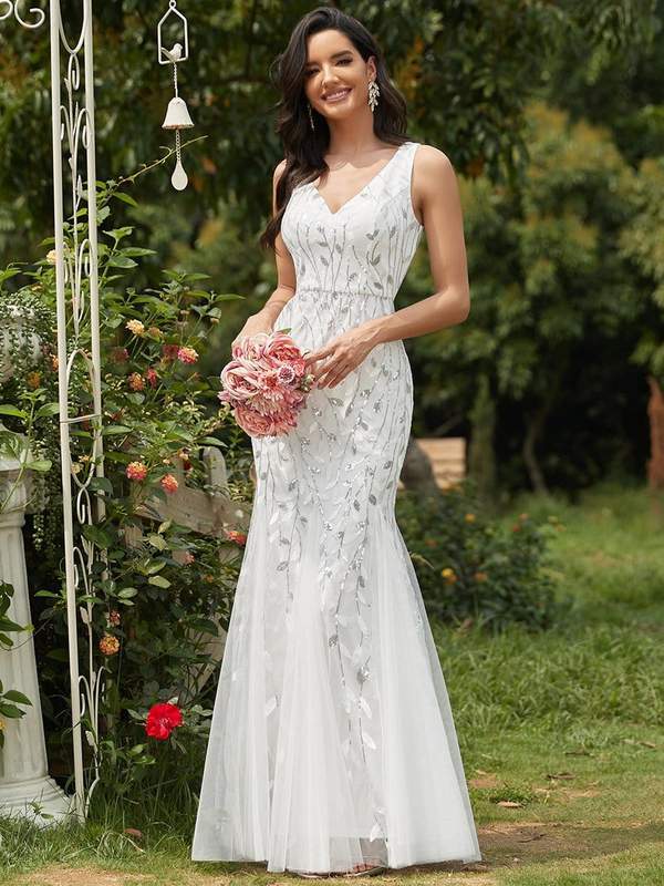 Paula tulle wedding dress with sequin leaf pattern in white - Bay Bridal and Ball Gowns