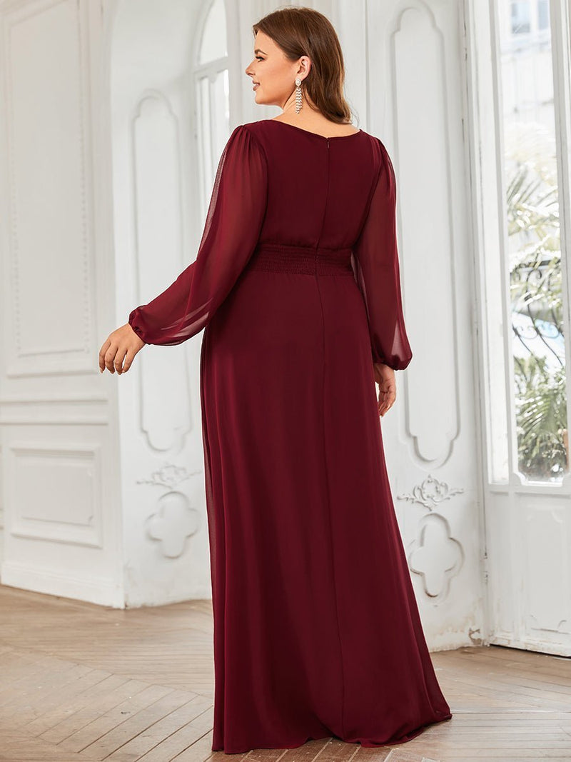 Rachel plus size boat neck full sleeve evening gown in burgundy Express NZ wide - Bay Bridal and Ball Gowns
