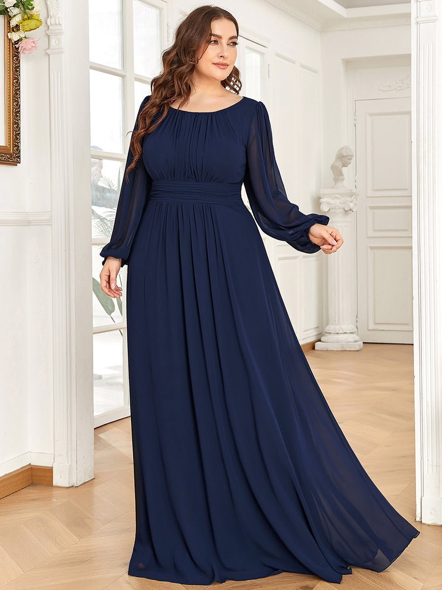 Rachel plus size boat neck full sleeve gown in navy s22 Express NZ wide - Bay Bridal and Ball Gowns