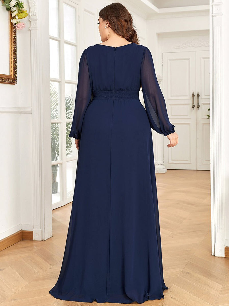 Rachel plus size boat neck full sleeve gown in navy s22 Express NZ wide - Bay Bridal and Ball Gowns