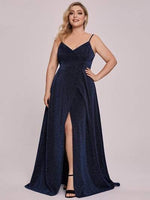 Raewyn sparkling ball gown with split in Navy Express NZ wide - Bay Bridal and Ball Gowns