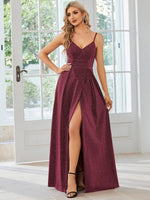 Raewyn thin strap sparkling ball gown with split in Burgundy Express NZ wide - Bay Bridal and Ball Gowns