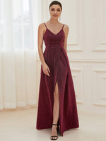 Raewyn thin strap sparkling ball gown with split in Burgundy Express NZ wide - Bay Bridal and Ball Gowns