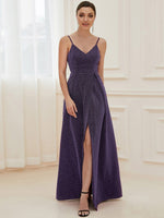 Raewyn thin strap sparkling ball gown with split in Purple Express NZ wide - Bay Bridal and Ball Gowns