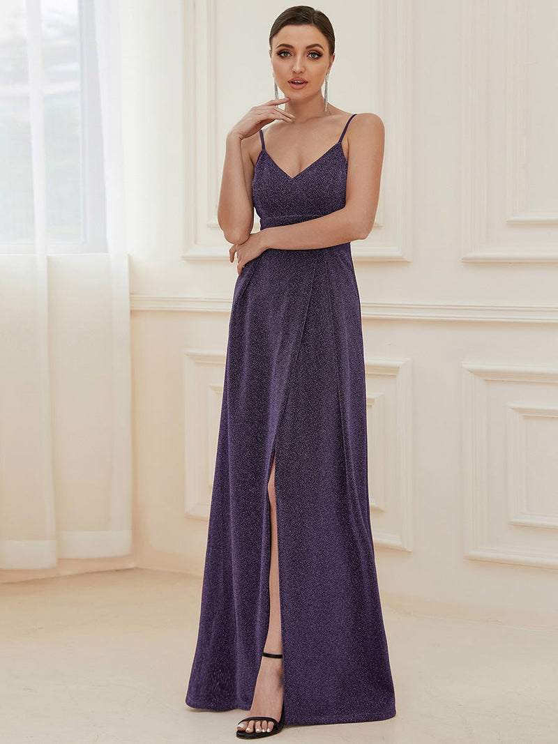 Raewyn thin strap sparkling ball gown with split in Purple s8 Express NZ wide - Bay Bridesmaid