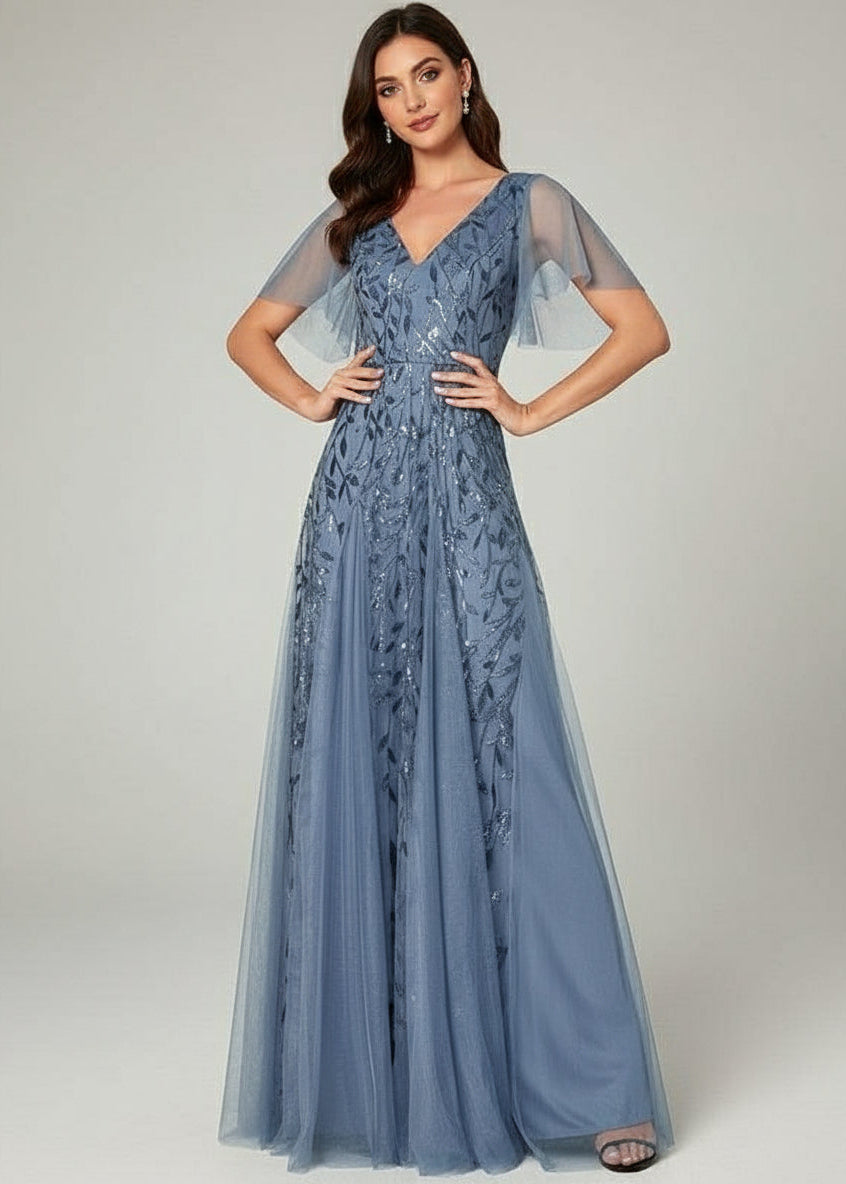 Sally sequin and tulle ball or evening dress with flutter sleeve - Bay Bridal and Ball Gowns