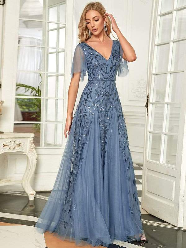 Sally sequin and tulle ball or evening dress with flutter sleeve - Bay Bridal and Ball Gowns