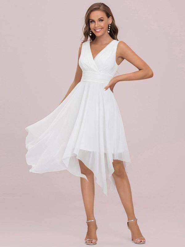 Sandra chiffon pixie hem short wedding dress in ivory - Bay Bridal and Ball Gowns