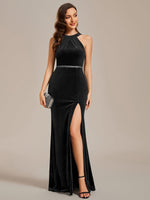 Selene halter neck velvet dress in black s12 Express NZ wide - Bay Bridal and Ball Gowns