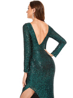 Selina open back sequin gown with split in emerald s8 Express NZ wide - Bay Bridal and Ball Gowns