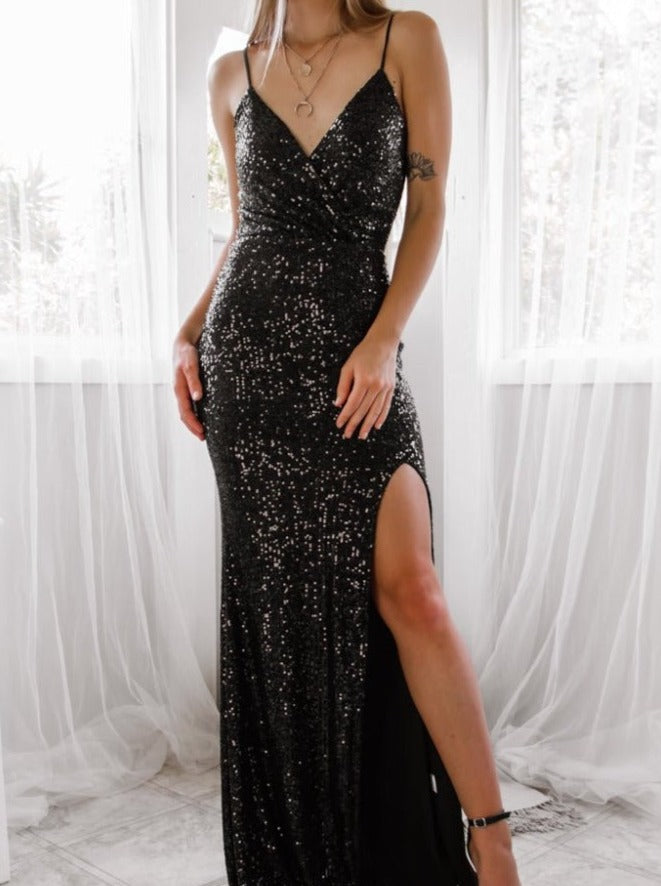 Seva full sequin ball dress with split in black Express NZ wide! - Bay Bridal and Ball Gowns