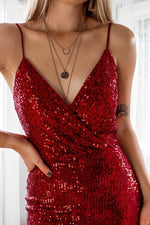 Seva full sequin ball dress with split in burgundy Express NZ wide - Bay Bridal and Ball Gowns