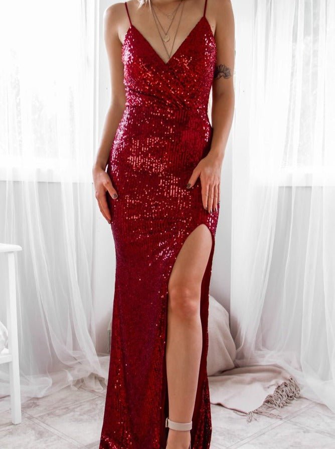 Seva full sequin ball dress with split in burgundy Express NZ wide - Bay Bridal and Ball Gowns