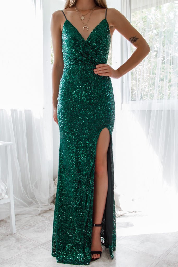 Seva full sequin ball dress with split in emerald Express NZ wide - Bay Bridal and Ball Gowns