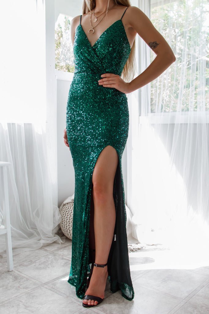 Seva full sequin ball dress with split in emerald Express NZ wide - Bay Bridal and Ball Gowns