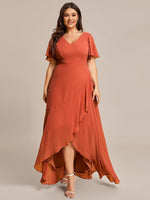 Sharana burnt orange sleeved hi low bridesmaid dress s20-22 Express NZ wide - Bay Bridal and Ball Gowns