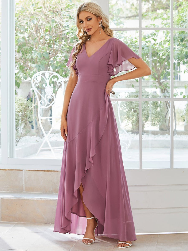 Sharana hi low bridesmaid dress in chiffon in dusky rose Express NZ wide - Bay Bridal and Ball Gowns