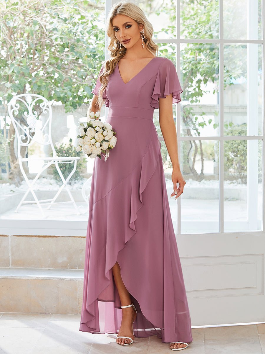 Sharana hi low bridesmaid dress in chiffon in dusky rose Express NZ wide - Bay Bridal and Ball Gowns