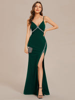 Sharee thin strap ball dress with side slit in Emerald s8 Express NZ wide - Bay Bridal and Ball Gowns