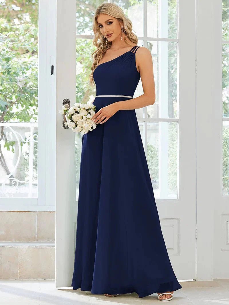 Sisalee one shoulder chiffon dress in navy size 14 Express NZ wide - Bay Bridal and Ball Gowns